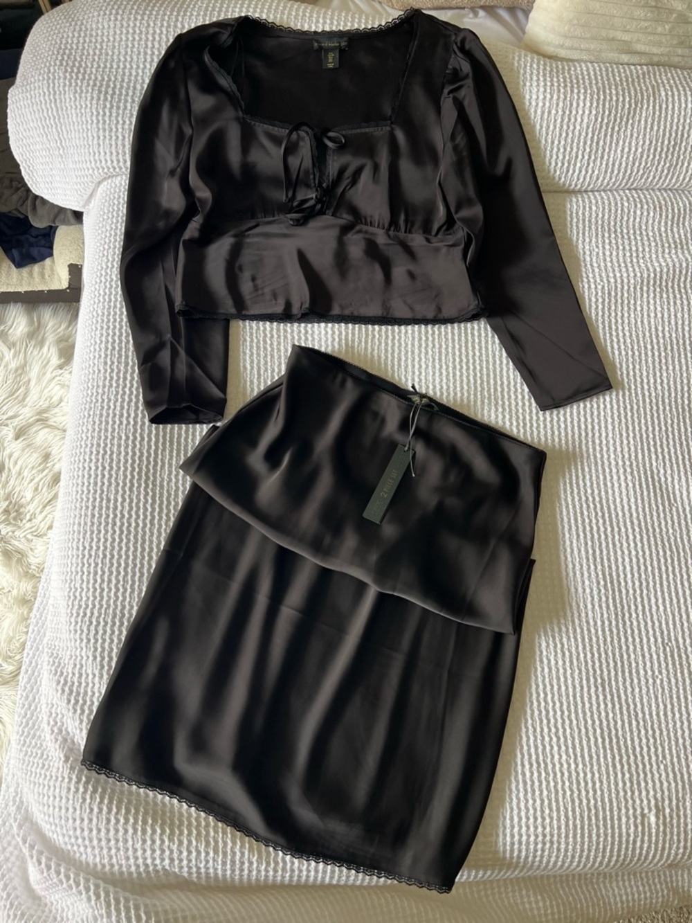 House of Harlow 1960 Black Satin Two-Piece Skirt Set